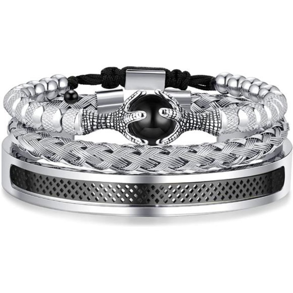 NEW 3PCS Mens Luxury Silver/Black Bangle Bracelets